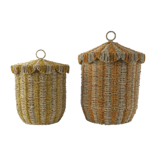 SIXTEN Kurv med låg – håndlavet sæt af 2 | Natur / orange / gul
