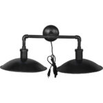 Industriel dobbelt væglampe i mørk jern med rørlook og stofledning – hver lampe er unik.