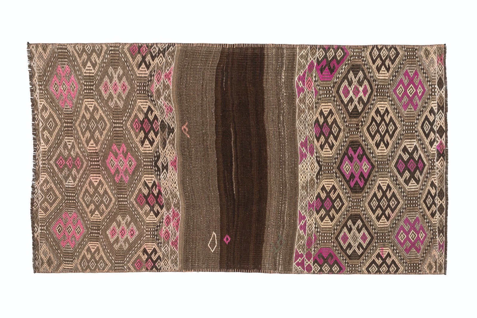 Vintager håndvævet kelim tæppe fra Bayburt i Anatolien med geometriske mønstre i jordtoner og rosa nuancer