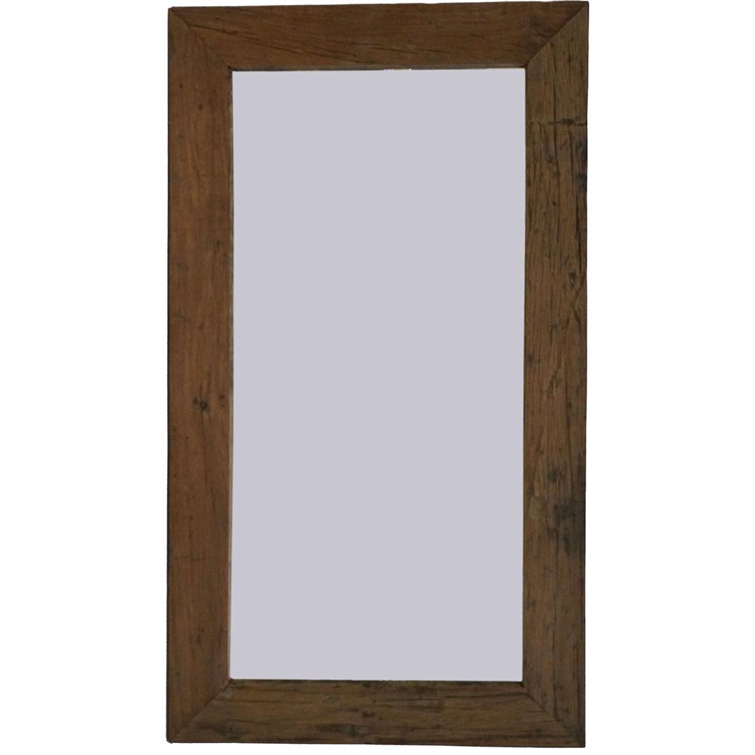 Rustikt vægspejl med bred patineret ramme i genanvendt træ 124x70 cm